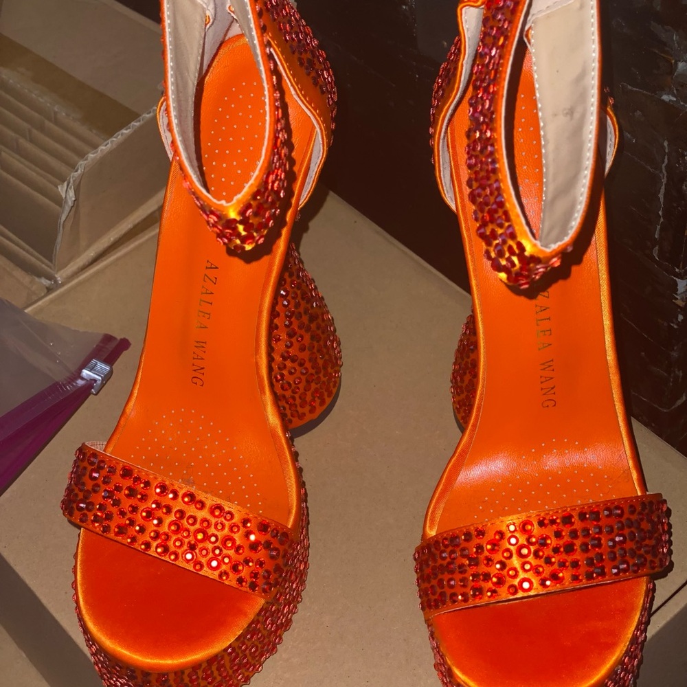 Glamorous Orange Rhinestone Platform Heels - Picture 2 of 10